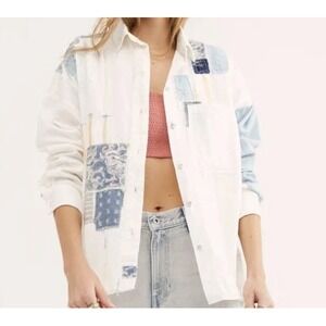Free People Womens Costa Ballena Cotton Button Up Patchwork Shirt Jacket Sz M